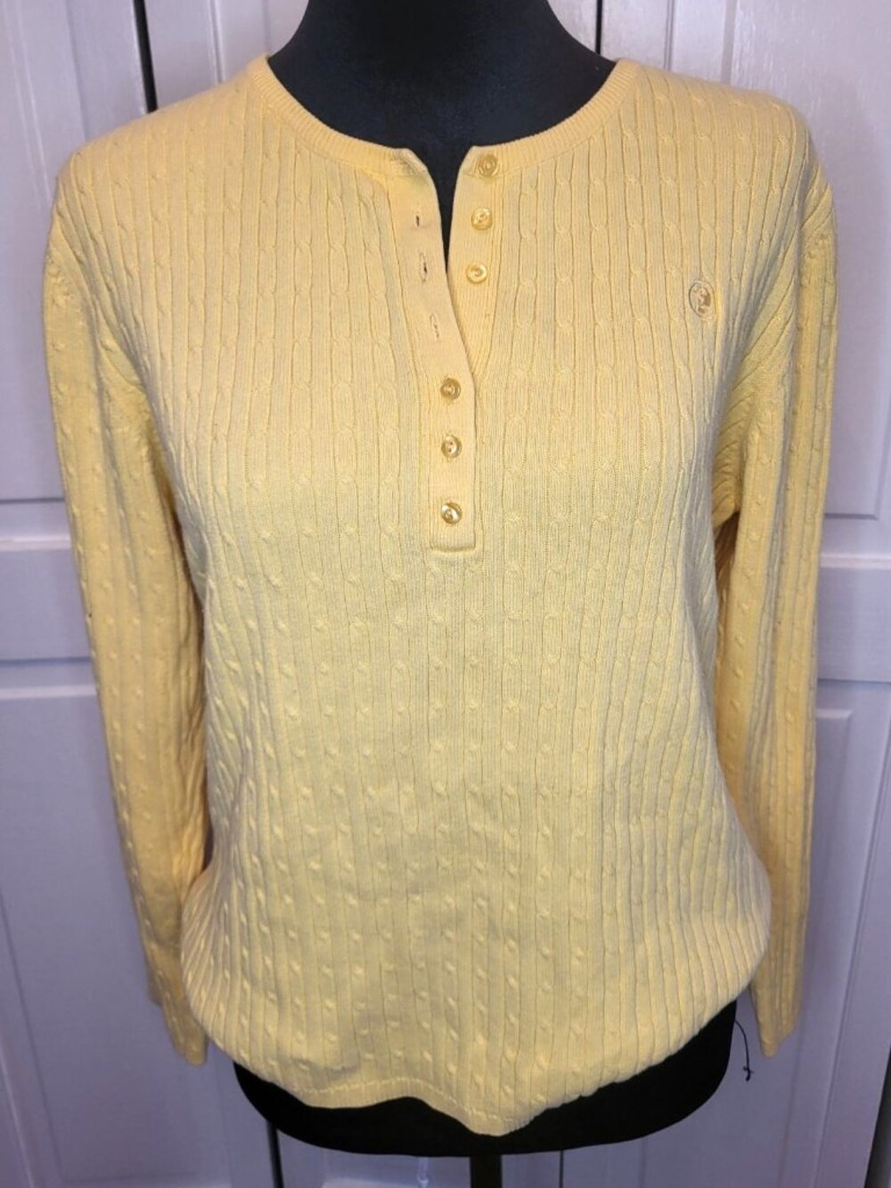 Vintage 90s Duck Head Butter Yellow Cable Knit Henley Sweater XL Preppy Cottage
